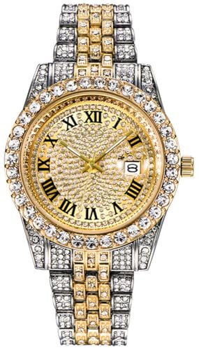 HUNRUY Hip Hop Watches for Men Iced-Out Bling Diamond Luxury Quartz Watches with Date, Gold, Fashion
