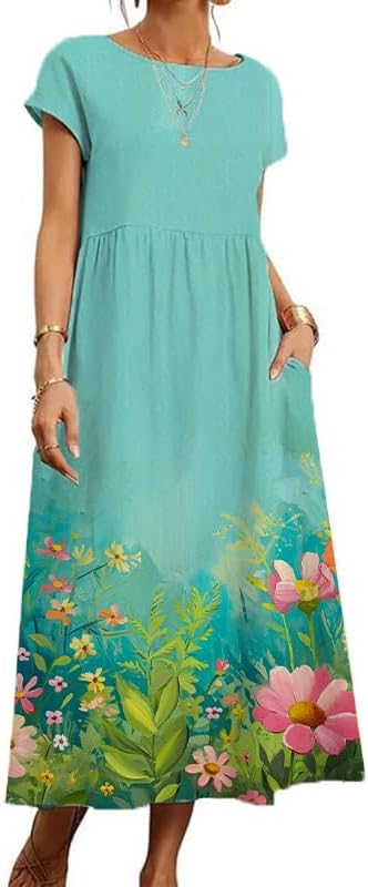 Boho Maxi Dress Floral Cap Sleeve High Waist Smocked Flowy Casual Church Summer Long Womens Tshirt Dress