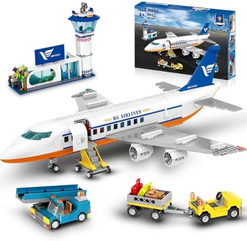 CUBIMANA 53.5CM Großes Passagierflugzeug Bausatz mit LED-Licht für Kinder | 2 Gepäckwagen, Terminal & Radarturm, Weihnachts- und Geburtstagsgeschenk für Erwachsene und Kinder ab 6