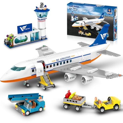 CUBIMANA 901PCS Flughafen Bauspielzeug | Großes City Passagierflugzeug Bauset mit LED-Licht 2 Gepäckwagen Terminal & Radarturm | Kreativspielzeug Geburtstagsgeschenk für Kinder 6-12 Jahre