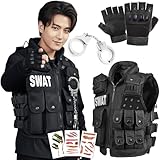[Goreson] SWAT コスプレ タクティカルベスト スワット ミリタリーベスト ハロウィン 仮装 サバゲー 装備 イベント用 コスチューム 男女兼用 戦闘服 多ポケット サイズ調整可能 6点フルセット(タクティカルベスト+ハーフフィンガーグローブ+おもちゃ道具+ハロウィンタトゥーシール*3) 大人用