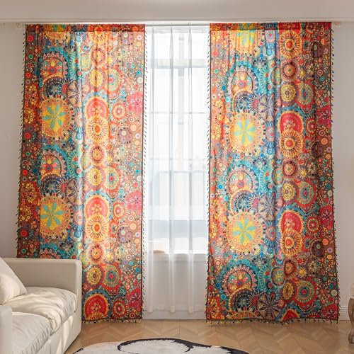 Image of Boho Curtains Geometric Light Filtering Semi-Blackout Window Curtains 63 Inches Long Rod Pocket Drapes for Living Room 2 Panels-Dot Colorful