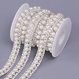 DYEESP 2 Rows Crystal Rhinestone Trim Applique, Rhinestone Diamond Inlaid White Faux Pearl for DIY, Bridal Embellishments, Wedding Party and Christmas Decorations, 0.4' Width (White-Silverd, 2 Yards)