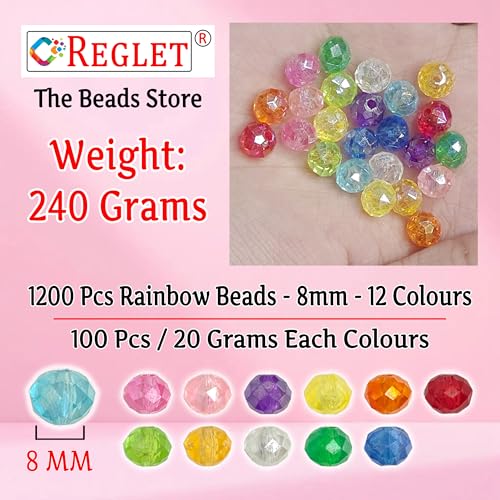 Image of 1200 Pcs Rainbow Crystal Tyre Beads for Bracelet Making Kit, DIY Beads for Jewellery Making Kit, Crafting, Bead Craft, Pearls for Craft - Multicolour - Acrylic - 240g, 8mm