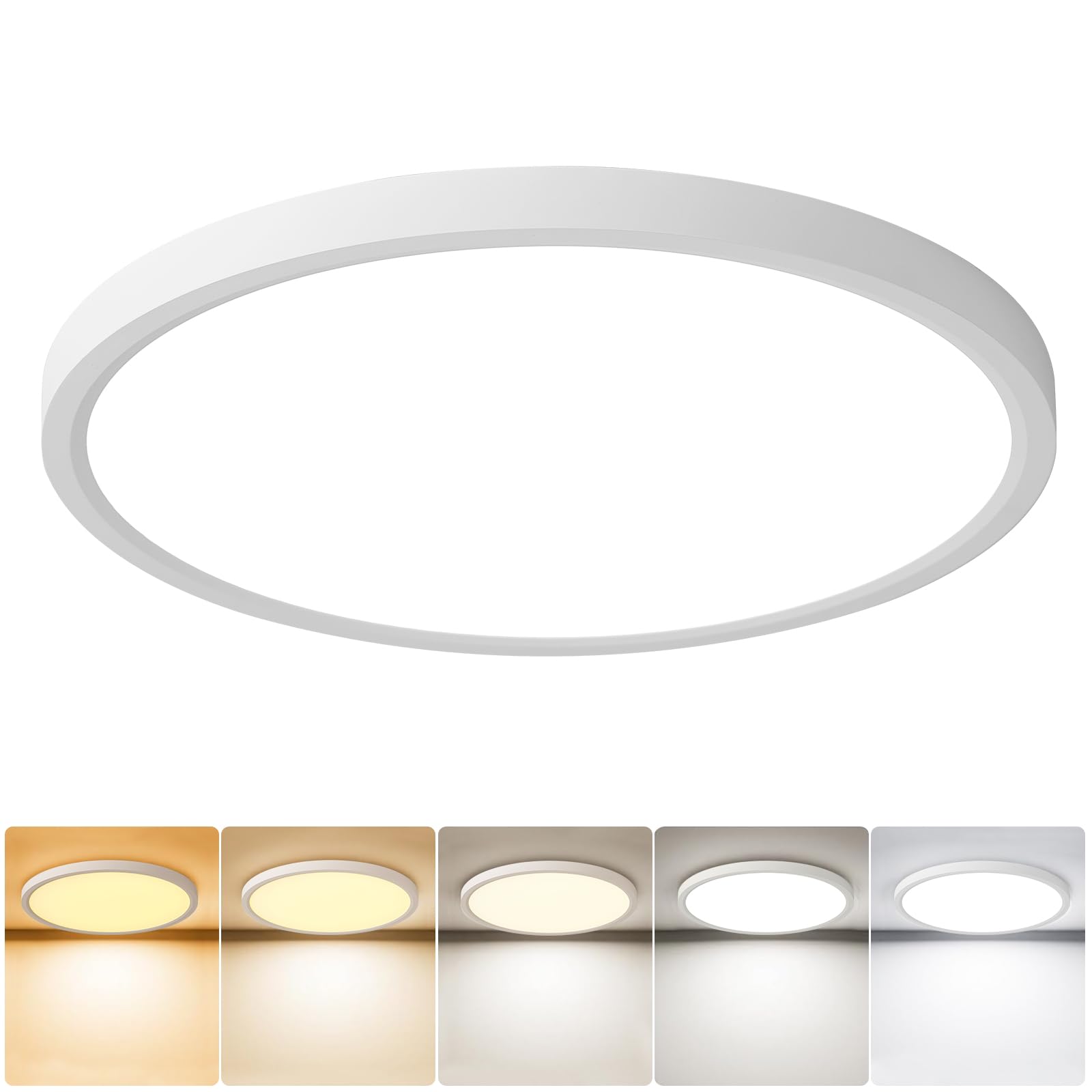 queffigle 23cm LED Ceiling Light 2700K/3500K/4000K/5000K/6000K 5 Color Temperature 24W 2380lm 120W Equivalent IP44 Waterproof Small Modern Ultra Thin Round Flush for Kitchen Bedroom Bathroom