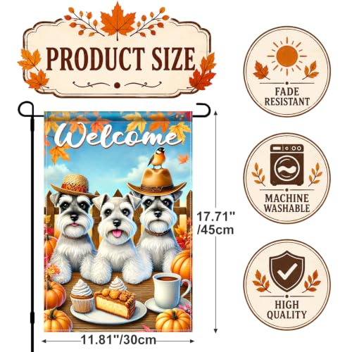 Image of BlissYard Fall Garden Flag Schnauzer Dogs Welcome Pumpkin 12x18 Inch Decor | Double sided polyester, fall Schnauzer dogs design, cozy dog lover decor for porch and yard