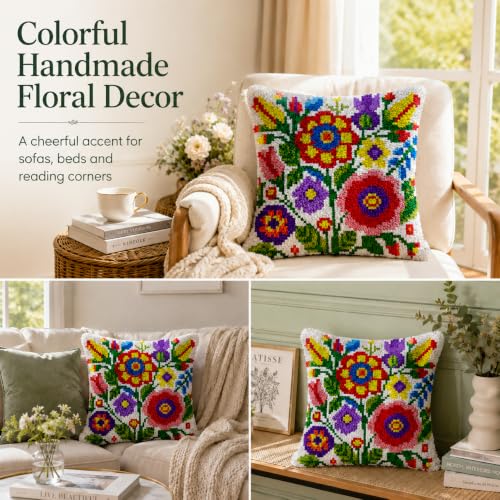 Image of veirousa Colorful Flowers Latch Hook Pillow Kits for Adults Beginners