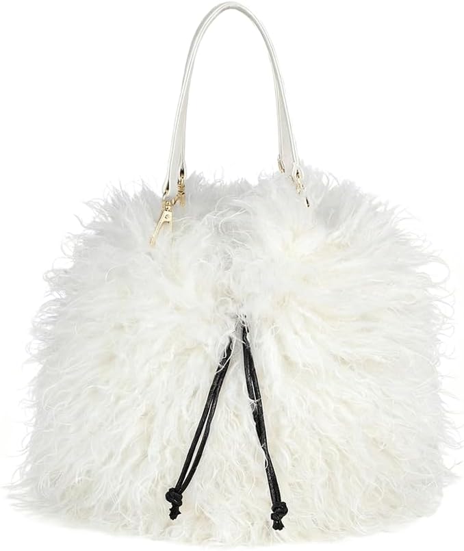 Fur Purse Mongolian Tote Bucket Bag Drawstring Fluffy Fuzzy Furry Top Handle Shoulder Bag Soft Winter Handbag
