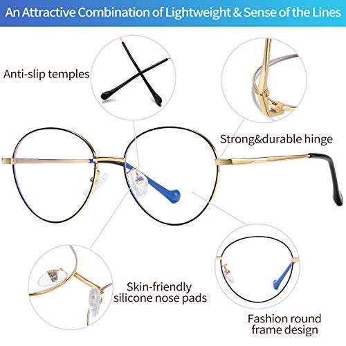 Joopin Okulary BlokująCe Niebieskie śWiatłO dla Kobiet MężCzyzn z Rocznika OkrąGłEj Ramki Lekkie Niebieskie śWiatłO Filtr Okulary Komputerowe(Złoto) - obrazek 5