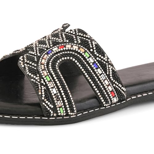 Image of Centrino Women's Beaded Flat Sandals | Stylish Gold Crystal Slip-On with Ornate Cutout Design | Soft Cushioned Footbed |Elegant & Trendy Open Toe Slip-On | Luxury Footwear for Wedding /Party (9301)