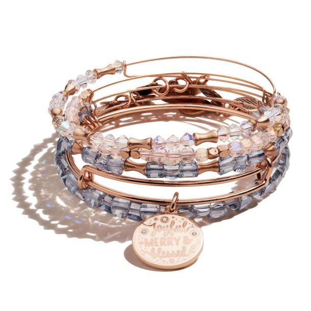 Alex and Ani Joyful, Merry & Blessed Charm Bangle Bracelet Set of 5, Swarovski Crystals, Beaded Bangles, Shiny Rose Gold, Medium, A20SETHOL4SR