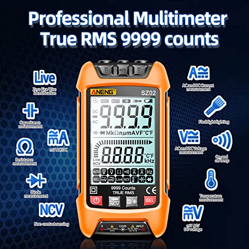 Aneng Digital Multimeter Smart Testers Trms 9999 Counts Anti-Burning Ohm Amp Volt Meter Measures Ncv,Ac/Dc Current/Voltage,Resistance,Continuity,Capacitance,Diodes,Auto-Ranging Electrical Tools #TOP1
