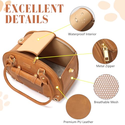 Image of Dog Carrier Purse, Pet Carrier, Foldable Waterproof Premium PU Leather Pet Travel Portable Bag Carrier for Cat and Small Dog Home & Outdoor Small Brown