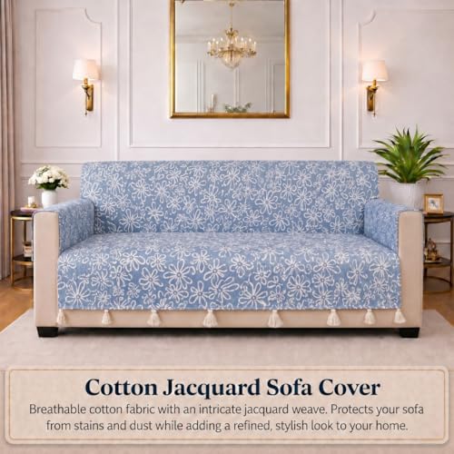 Image of STITCHNEST 'Verdant Phool Stories' 1 Seater Sofa Cover | Full Coverage with Armrest Pockets | Elegant Jacquard Fabric, Decorative Tassels, Washable & Durable for Modern Living