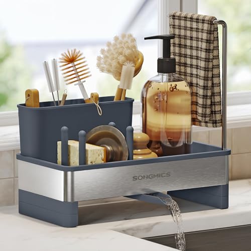 SONGMICS Kitchen Sink Caddy Tidy Sink Organiser with Sponge Holder Washing up Caddy for Brushes Cloths Soap Stainless Steel Space-Saving Rotatable Spout Slate Grey and Silver KCS555GN01