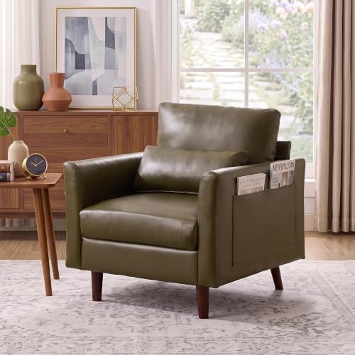 Image of Kingfun Faux Leather Armchair Sofa with Side Pocket,Olive Green