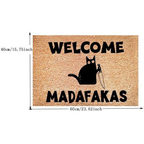 Wanjorlay 1 Stück „Dark Cat Welcome Madafakas“-Fußmatte mit Volldruck, Heimdekoration, Küche, Badezimmer, Dekoration für Menschen, Lustige Geschenke, Lustige Fußmatte