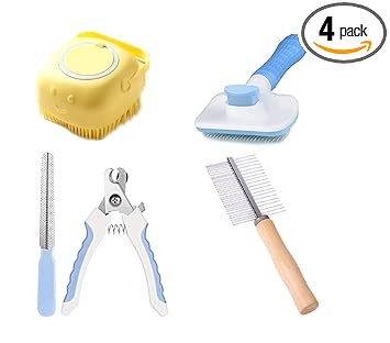 PSK PET MART Dog Grooming Kit-Dog Nail Clippers with Filer+ Dog Bathing Sampoor +Dog Plastic Pin Slicker Brush with Press Key for adult & puppy + Double Side Wooden Comb of 5 - image, photos
