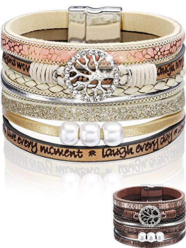 Chuangdi 2 Piece Multi-Layer Leather Bracelet Braided Wrap Cuff Bangle with Alloy Magnetic Clasp Handmade Bohemian Bangle Jewelry for Men, Women Gifts (Diamond Tree Life, Beige and Brown)