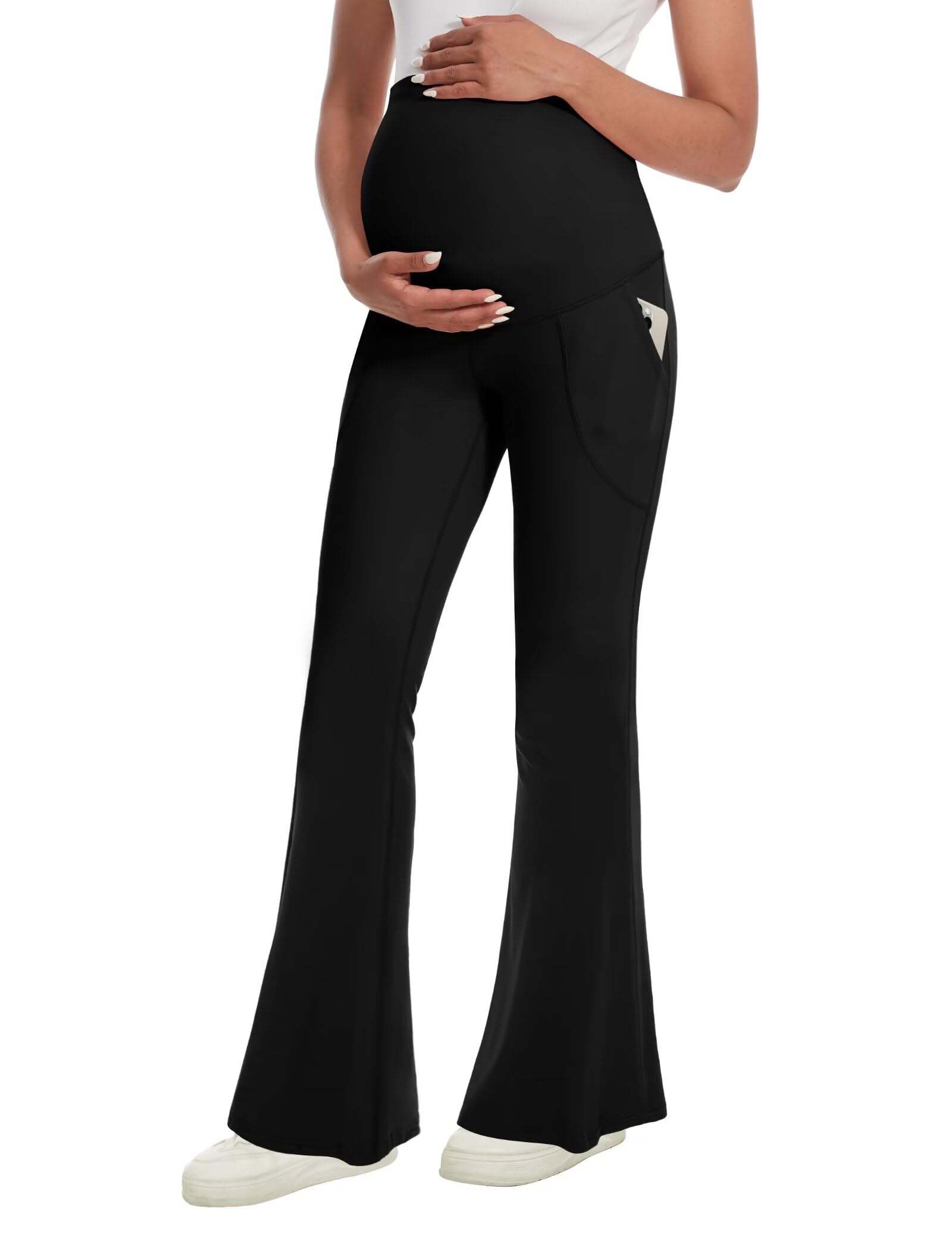 Fotociti Leggings acampanados de maternidad con bolsillos, pantalones suaves de embarazo para mujer sobre el vientre para yoga, entrenamiento activo