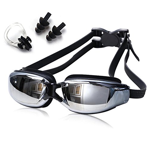 IKuaFly Gafas de Natación Profesional Anti Niebla UV Protección Lente Puente Nariz Cómodo - goggles swimming Buceo - Tapón de oído libre, clip de nariz, caja (negro)