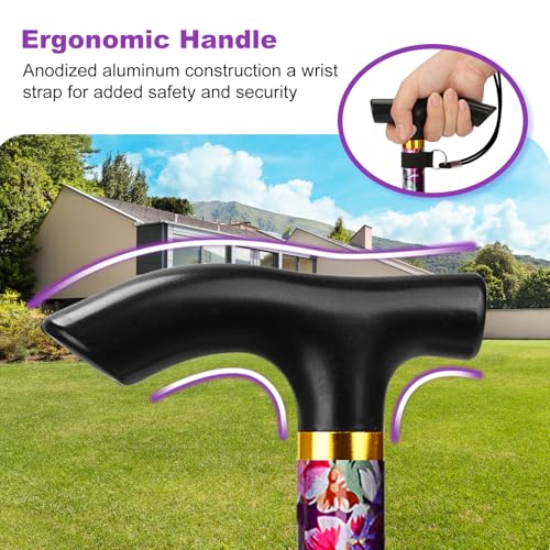 Image of MFE Folding Cane, Portable 5-Level Adjustable Height Walking Stick with Foldable Design, Wrist Strap, and T Handle for Men and Women, Purple Floral