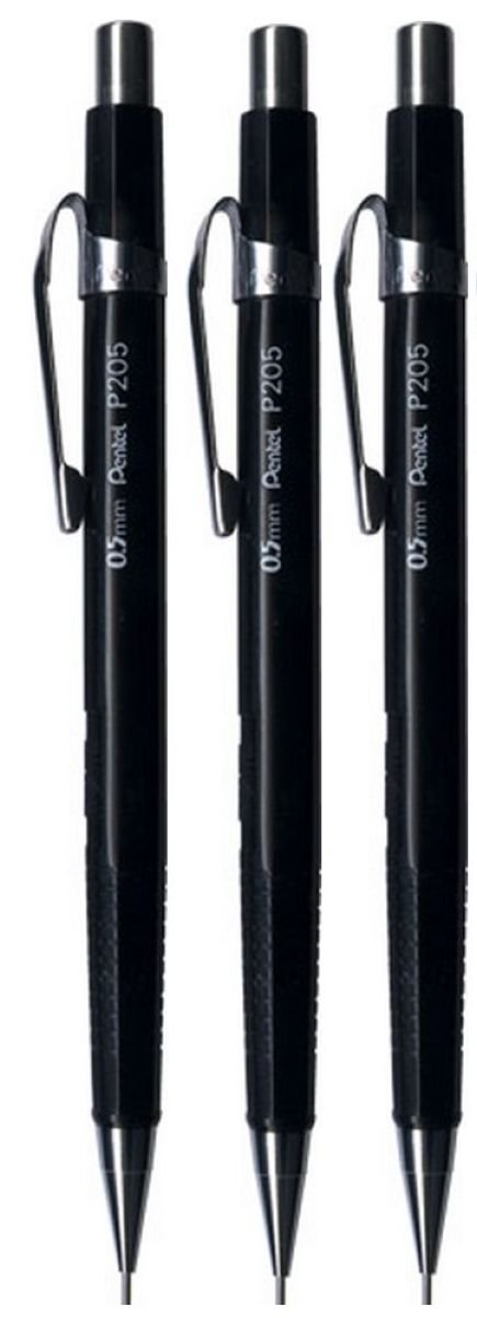 Pentel 0.5mm (P205) Black P200 Series Automatic Mechanical Draughting Pencil Refillable Lead Eraser P205-A (Pack Of 3)