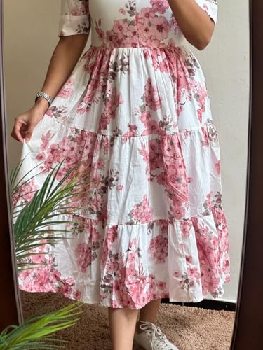 Image of Women's Rayon Floral Printed Midi Dress Short One Piece | Casual Wear