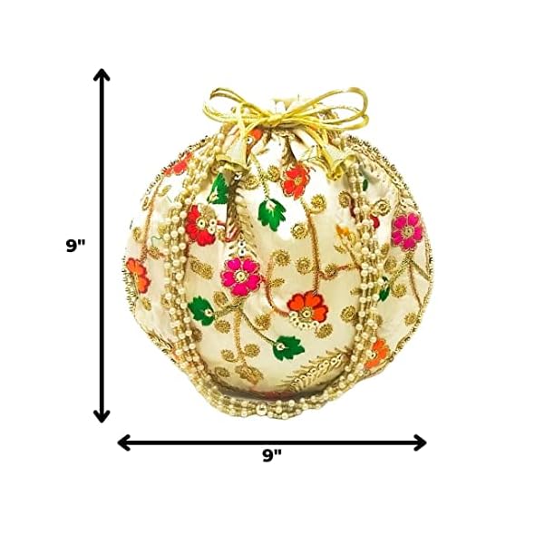 WS Wrap Shap Women's Silk Ethnic Rajasthani Embroidery Potli Bag - Beige - Image 3