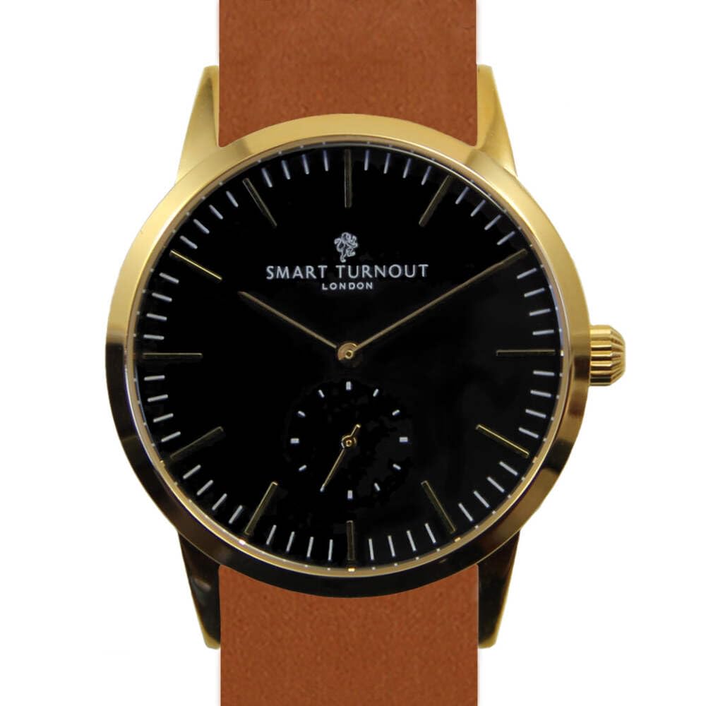 Signature Watch Negro (oro), correa de reloj NATO de cuero marrón claro
