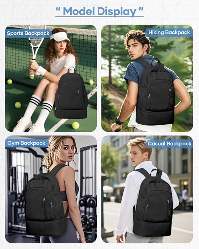 Black Gym Backpack for Women Men with Expandable Shoe Compartment, Mini Foldable Outdoor Weekender Hiking Bag Sports Backpack for Swimming Fitness Yoga Dancing3