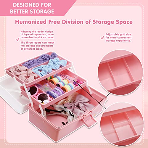 Creahaus 12in 3 Layer Multipurpose Storage Box/Craft Storage Boxes With Compartments/Plastic Tool Box/Medicine Storage Box/Hair Accessories Organiser/Sewing Box with 2 Trays (Pink White) - Image 4