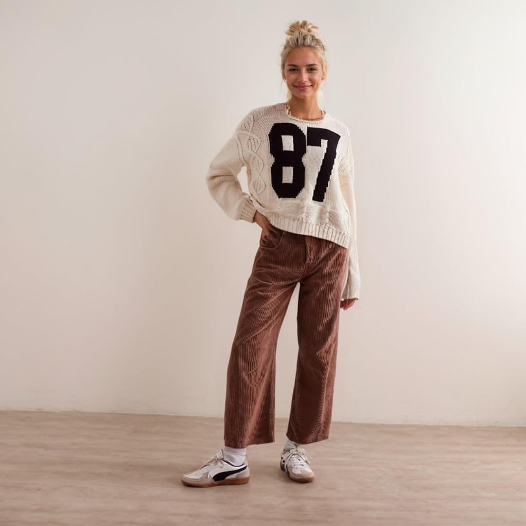 Corduroy Pants for Women Barrel Pants Elastic Waist Mid Rise Cropped Pants Casual Baggy Pants with Pockets - Image 5