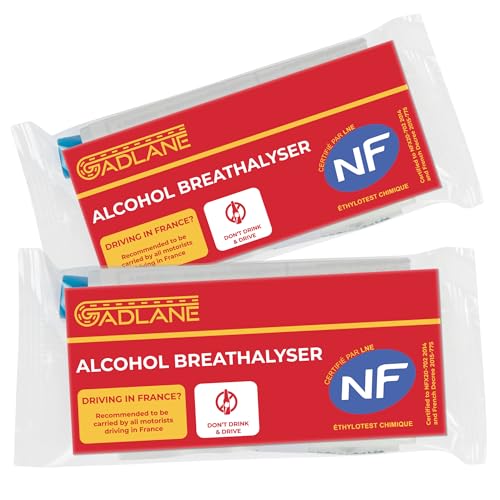 GADLANE Alcohol Breathalysers France 2 Pack - Single Use Disposable Breathalyser Tests Certified French Breathalyser Kit NF Approved Alcohol Tester Breathalyzer for Driving in Europe (Pack of 2)