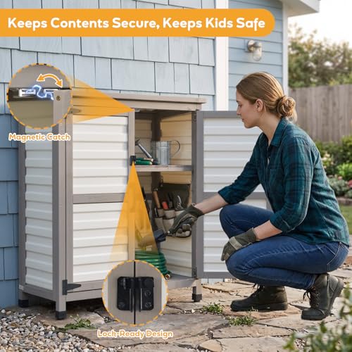 Image of PetsCosset Weatherproof Outdoor Storage Cabinet with Lockable Doors, Wooden & Plastic Garden Patio Storage Box with Adjustable Shelves for Tools, Toys, Pool Accessories, Lawn Equipment
