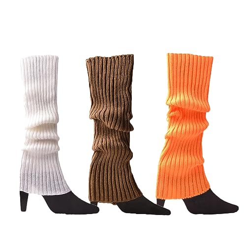 Image of 3 Pairs Women Knit Leg Warmers Retro 80s Retro Ribbed Knitted Knee Ballet Thigh High Leg Warmers Ankle Heap Sock