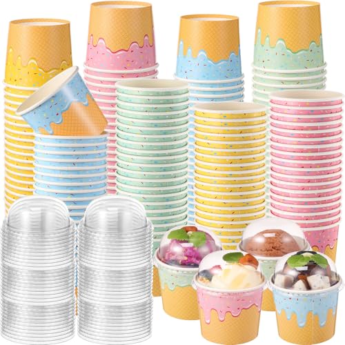Image of Jingmore 100 Count Paper Ice Cream Cups with Clear Dome Lids Disposable Dessert Cups Bulk Dessert Bowls Sundae Containers for Snack Yogurt Soup Birthday Ice Cream Party Supplies (6 oz)
