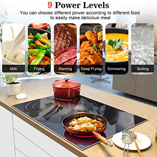 Hobsir 30 Inch Electric Cooktop 5 Burners Ceramic Cooktop, 8400W Drop-in Electric Radiant Cooktop with Glass Protection Metal Frame, Timer & Kid Safety Lock, 220-240V, Hard Wire (No Plug)