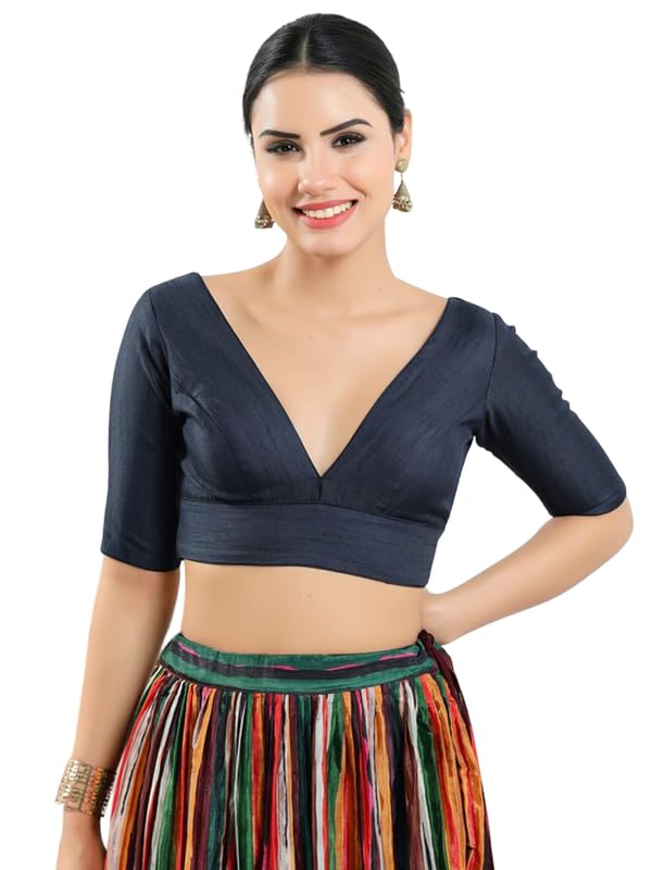 Image of Dupion Silk Solid Non Padded Saree Blouse Top V-Neck Short Sleeves Hook and Eye Closure and Tie-Up Back Choli