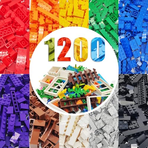 WYSWYG 1200 Pieces Building Bricks,Bulk Classic Building Blocks Set, Includes Wheels, Door, Window,Compatible with Major Brands, Basic Building Bricks Box 10 Colors 14 Bulk Shapes