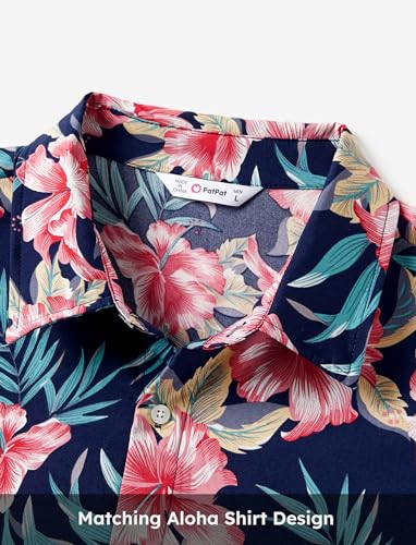 Image of PATPAT Family Hawaiian Matching Outfits - Mommy and Me Vacation Outfits | Halter Sundresses and Button Down Shirts,Caribbean Vacation Summer Tropical Outfits,Hawaiian Boho Tropical Floral Printed