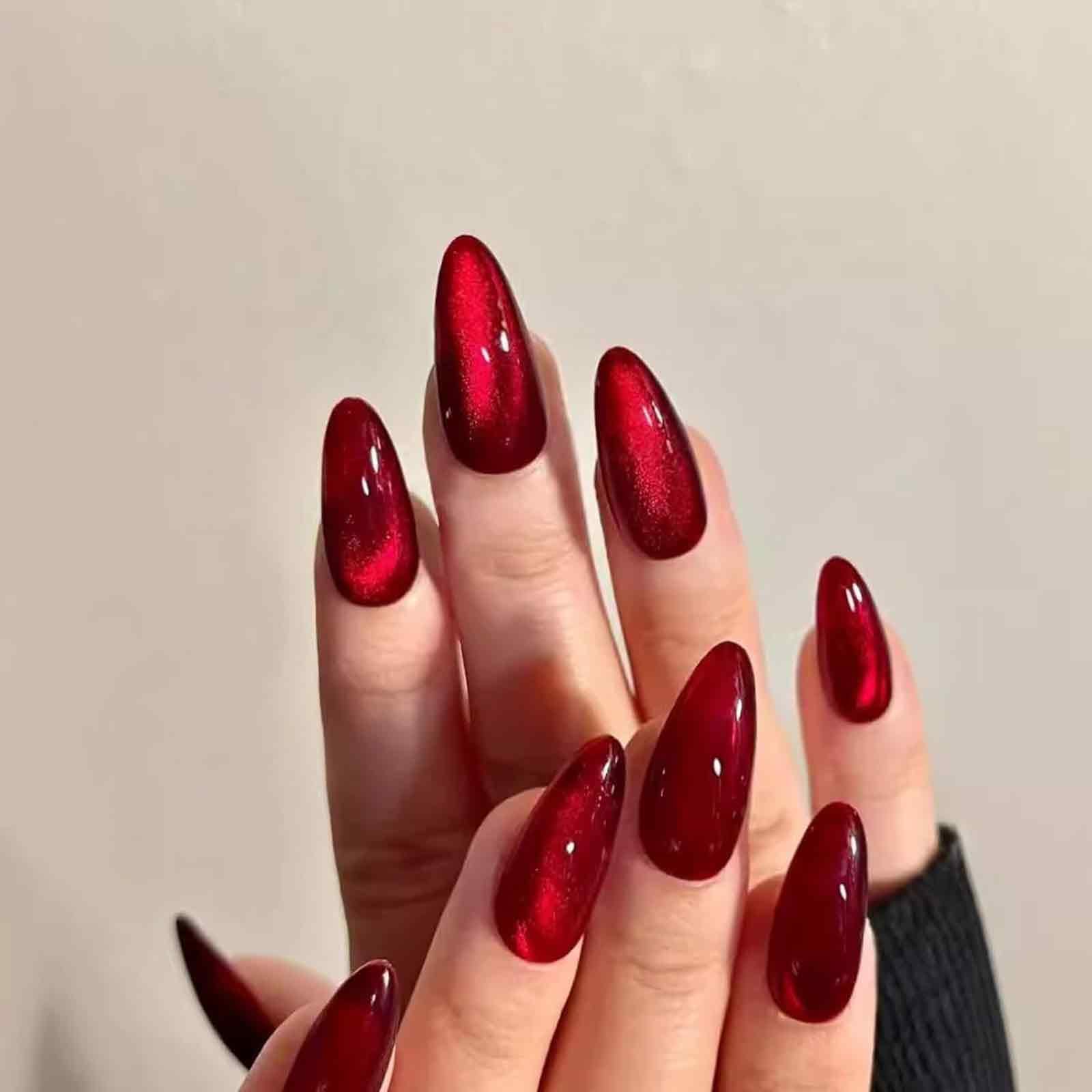 30PCS Cat Eye Press on Nails, Press on Nails for Women with Ruby Red Cat Eye Design, Artificial Nails Extension Kit for DIY Nail Art