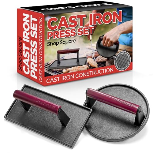 Cast Iron Bacon Press Set - Round 7" & Rectangle 8"x4" Griddle Press