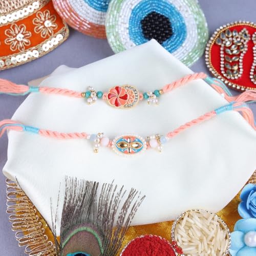 Image of Traditional Handmade Beaded Rakhi For Raksha Bandhan| Hand Bracelet For Brother| Wrist Band For Bhaiya & Bhabhi | Trendy Combination Designs Protective Thread Combo-Set Of 2