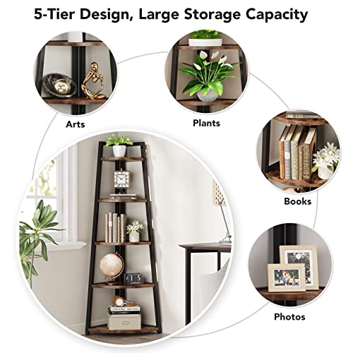 Image of Tribesigns 70 inch Tall Corner Shelf, 5 Tier Rustic Corner Bookshelf Bookcase Industrial Corner Ladder Shelf Plant Stand for Living Room, Kitchen, Home Office (Brown)