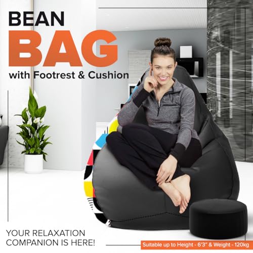 Image of Amazon Brand - Solimo Premium Faux Leather Bean Bag Combo with Footrest & Cushion, Filled with Beans | Capacity: Upto 6 Ft 3 in Height, 120 KG Weight | 4XL | Geometric Print |Black