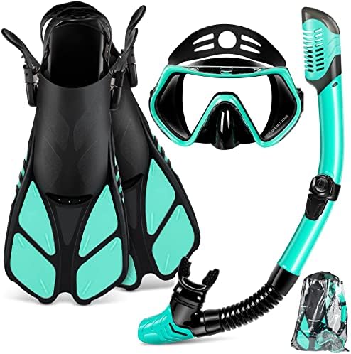 ZEEPORTE Mask Fin Snorkel Set, Travel Size Snorkeling Gear for Adults with Panoramic View Anti-Fog Mask, Trek Fins, Dry Top Snorkel and Gear Bag for Swimming Training, Snorkeling Kit Diving Packages