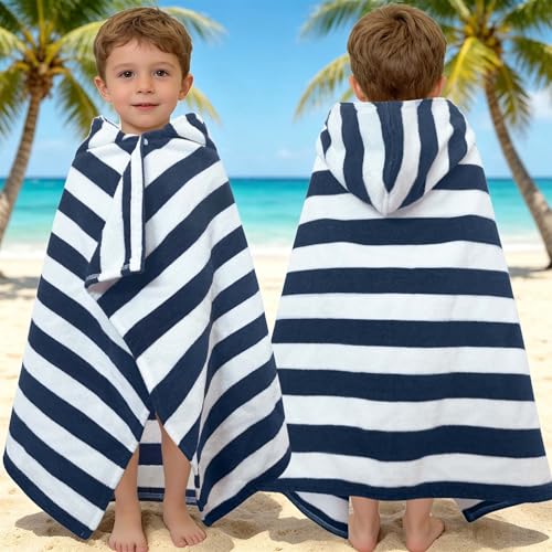 VOOVA & MOVAS Toddler Hooded Bath Towels 0-3T 25X40 Soft | Thick | 100% Cotton | Absorbent Towel Wrap for Baby Perfect for Beach Pool Bath Swimming Navy Stripe