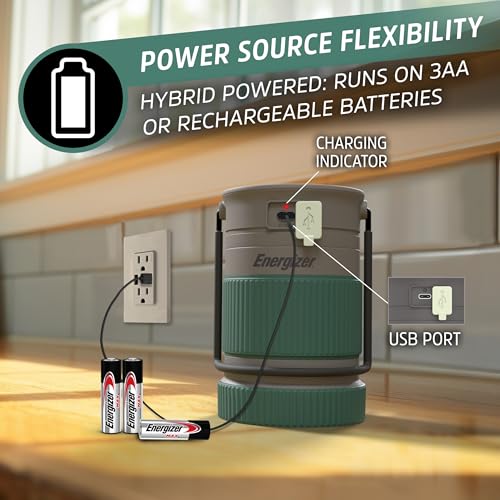 Energizer S-500 Hybrid Power Camping Lantern, Solar, Rechargeable, or AA Battery Powered, IPX4 Water Resistant Bright LED Lantern