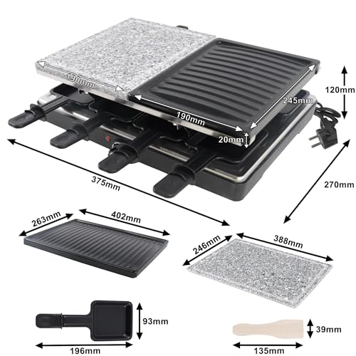 Griglia per raclette per 8 persone, con piastra in pietra e piastra per barbecue, 1400 W, 8 padelle e spatole in legno, temperatura regolabile, per interni - immagine 3
